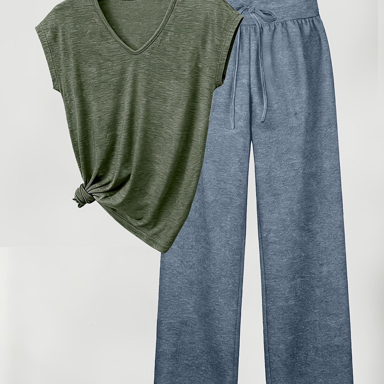 TEMU Fashion Women's V-neck Short Sleeve T-shirt And High-waist Long Pants Set, Long Pants With Drawstring Design, , Elastic Breathable Machine