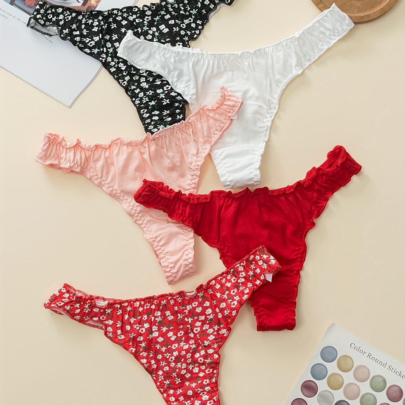 Image of 5pcs Set Floral Print Quick-dry Women's Foldable Underwear, Women's Pleated Bikini Panties, Comfortable Women's Undergarments