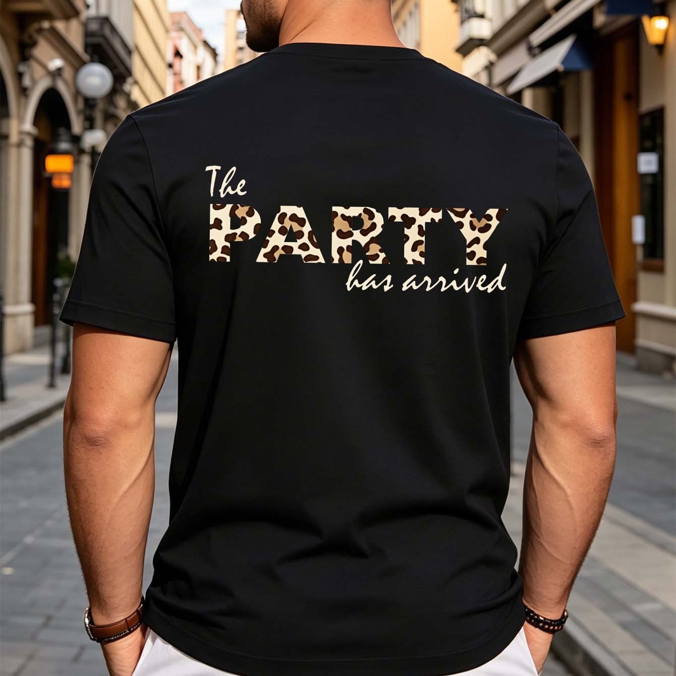 Image of The Party Has Leopard Print - Back Print Black Casual Short Sleeve Round Neck Shirt Suitable For Daily Wear & Parties, Machine Washable Regular Fit For Social Gatherings And Everyday Outfits