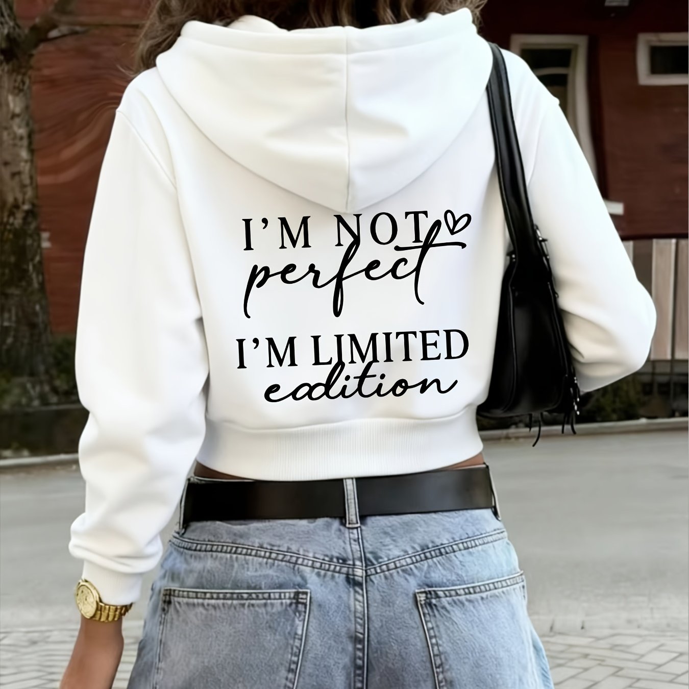 TEMU Spring, Autumn, And Winter Fashionable Versatile Style Zip-up Hooded Sweatshirt, Casual " Perfect I' Edition" Letter Print Cropped Hoodie,