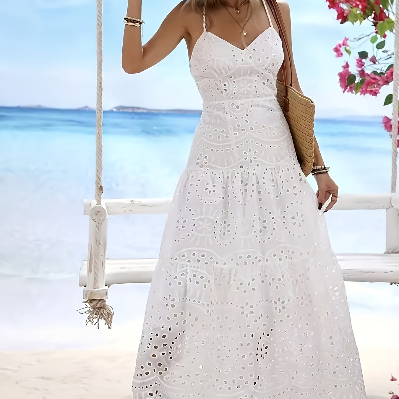 Image of Women's Hollow Out Cami Dress, Embroidered Lace Sleeveless Dress For Spring Summer