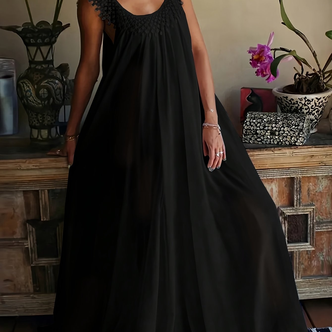 TEMU Plus Size Women's Elegant Casual Chiffon Temperament Lace Long Dress, Breathable Comfortable Top, Wear, Loose Fit