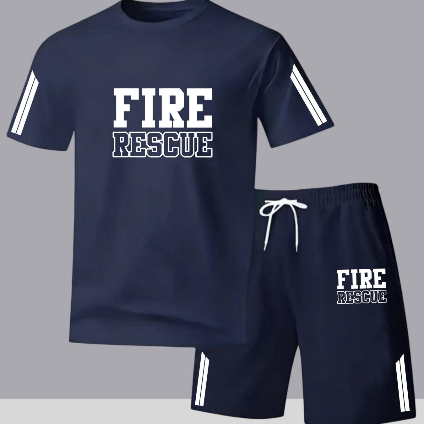 TEMU Men's Short Sleeve Short Shorts Set, Men's Breathable Short Sleeve Short Shorts Set "fire Rescue" Letter Print, Comfortable And Breathable, Side