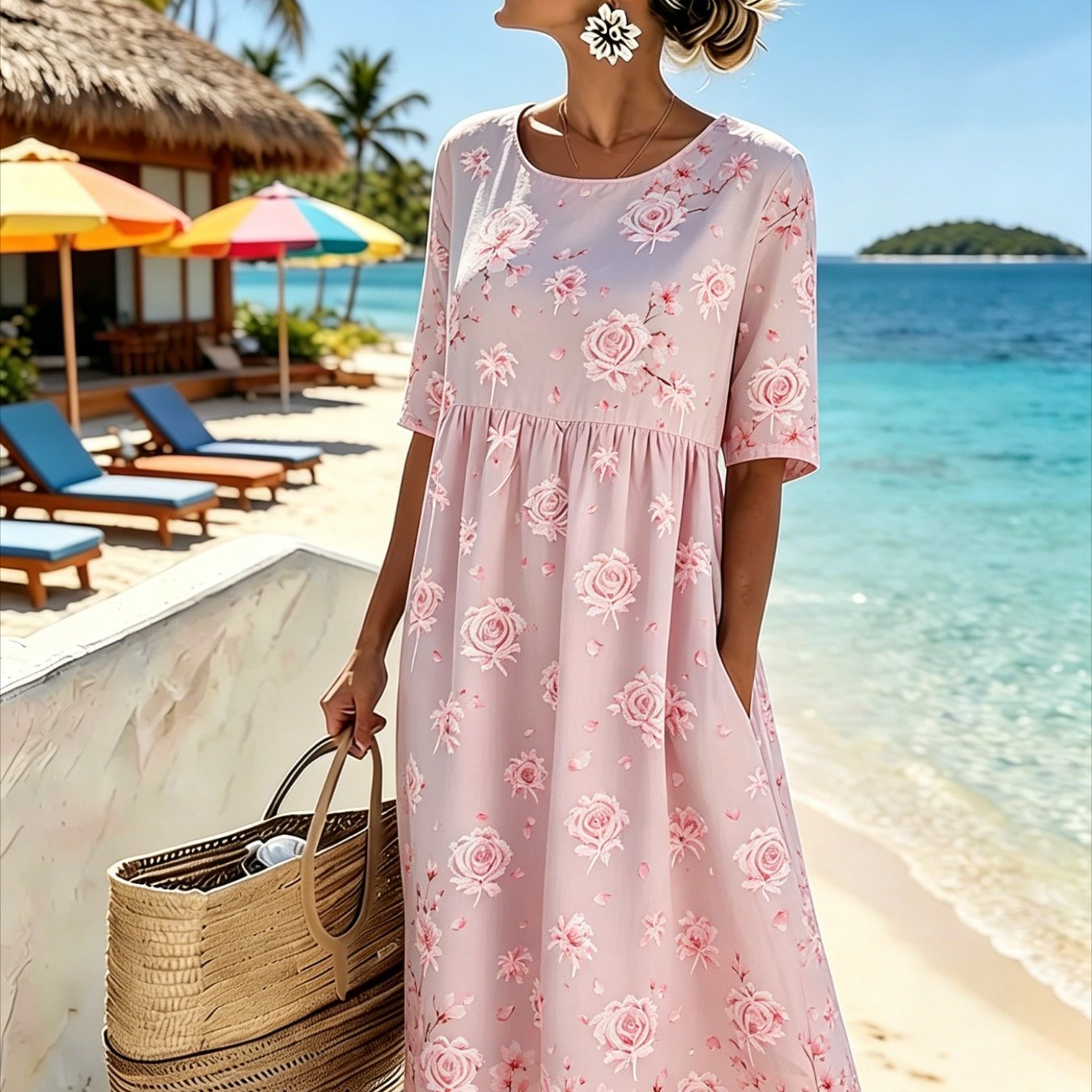Women's Elegant Midi Dress - Casual 3/4-sleeve, Crew Neck, Loose-. Machine Washable. A Comfortable Beach & Vacation Dress, Perfect For Travel, Getaways, And Everyday .