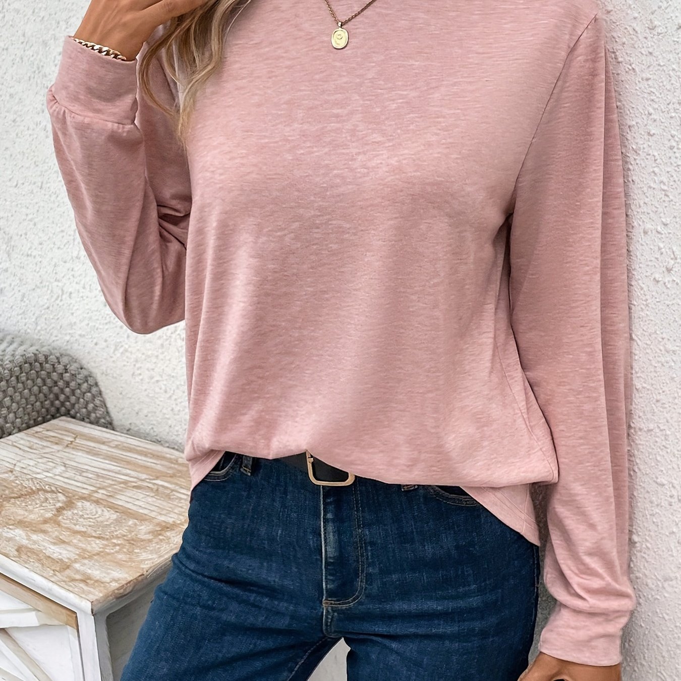 TEMU Simple Crew Neck T-shirt, Casual Long Sleeve Top For Spring & Fall, Women's Clothing