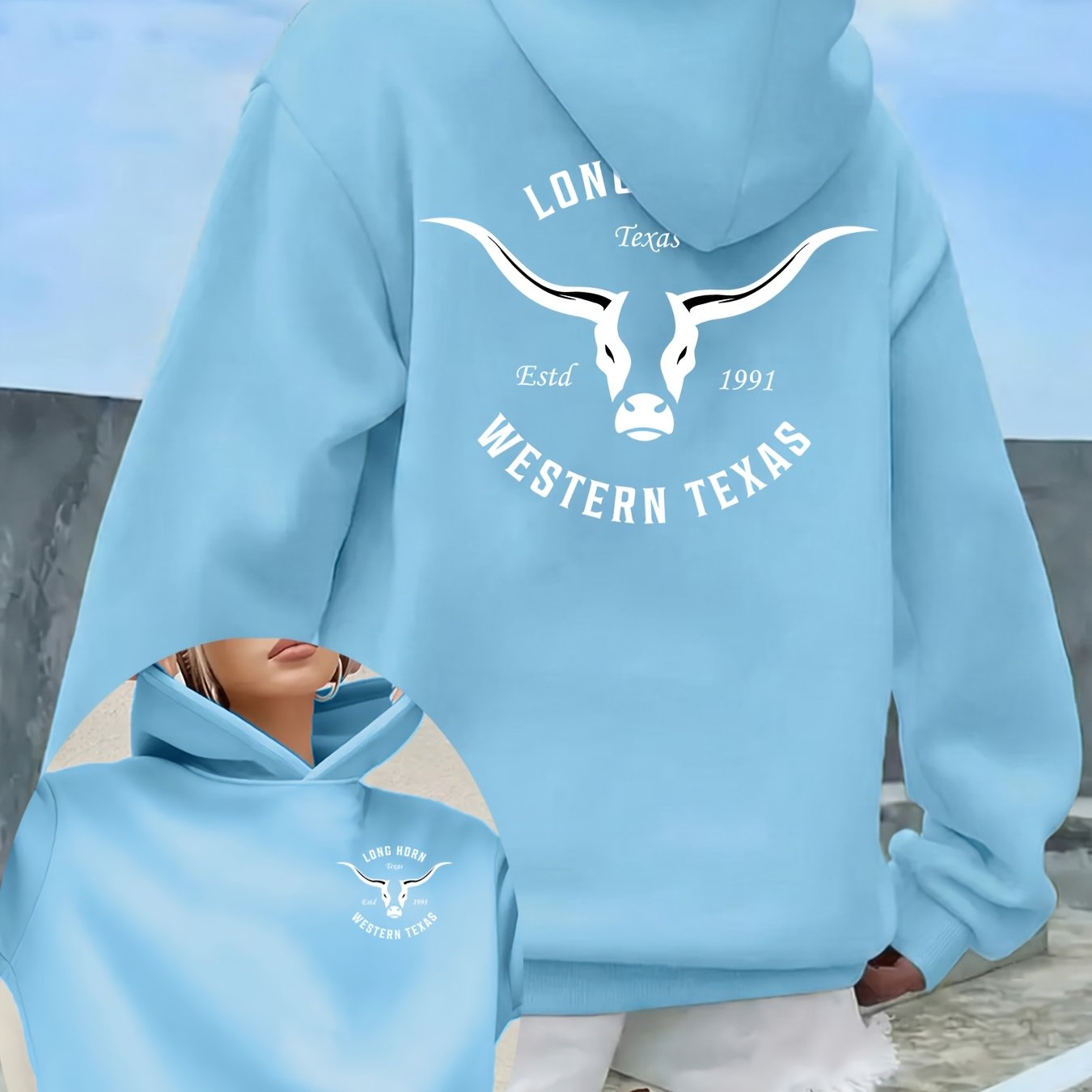 TEMU This Women's Stylish Hoodie Features A Reversible Print Bull Graphic The Text 'western Texas' And The Year 1991. It's Holidays And Outdoor Wear,