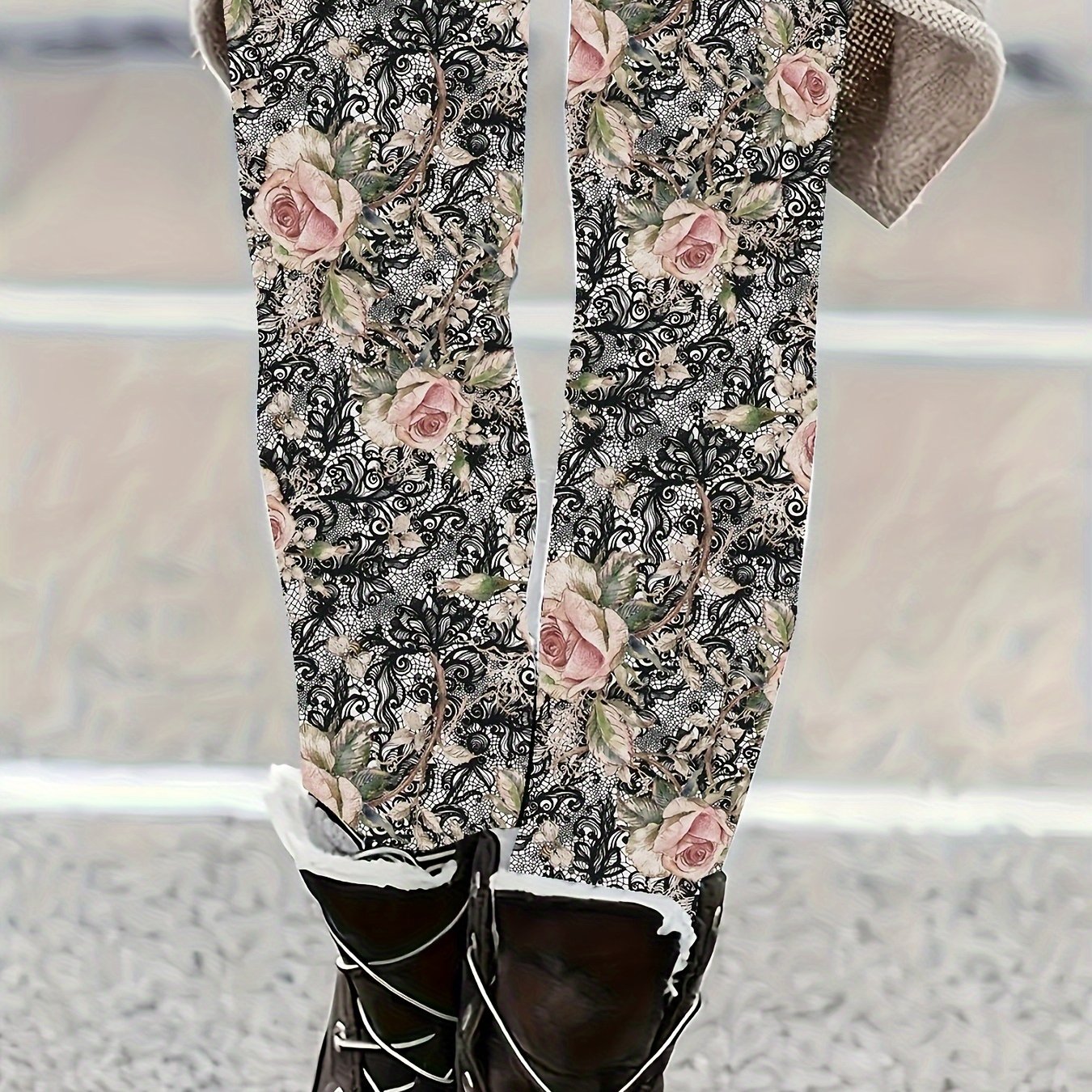 TEMU Plus Size - Plus Size - Women's Plus-size Floral Print Stretchy Leggings - Elegant And Comfortable, Perfect For Casual Wear