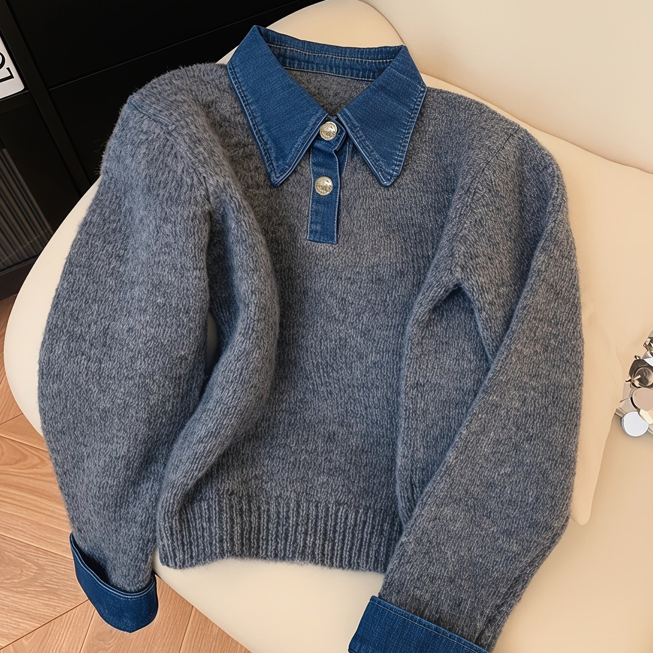TEMU Printemps, Automne, Hiver : Pull 2-en-1 pour femme, à col chemise, patchwork en denim à couleurs contrastées, et élégant, style européen et