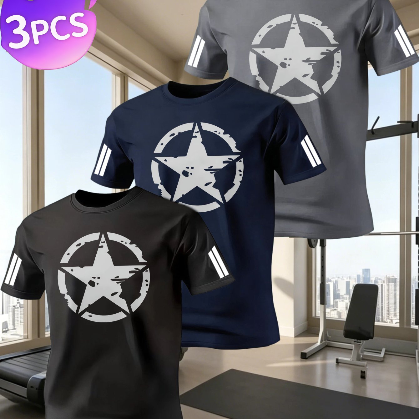 TEMU 3pcs Men's T-shirt Star Circle Pattern Print Design Printed T-shirt Fitness