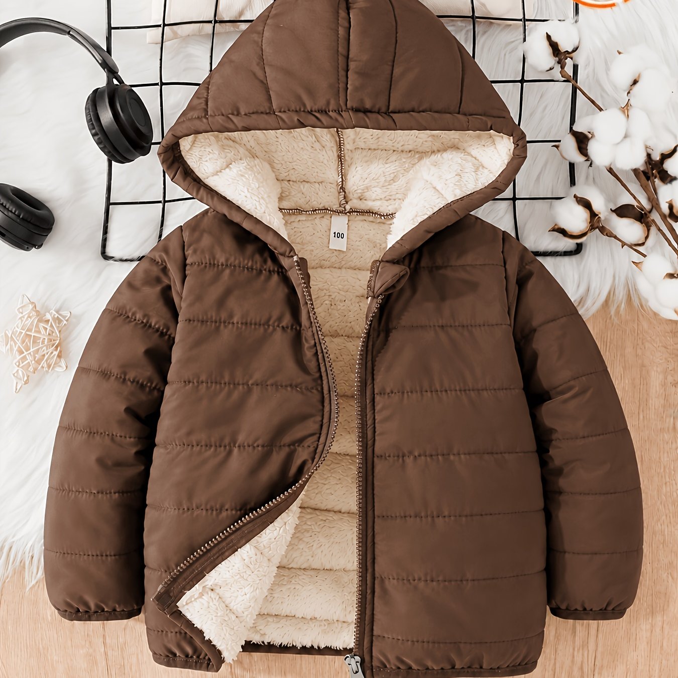 TEMU Chaqueta con capucha de forro polar Otoño Invierno, chaqueta gruesa y de con cremallera, Top infantil de color liso negro, abrigo , , versátil,