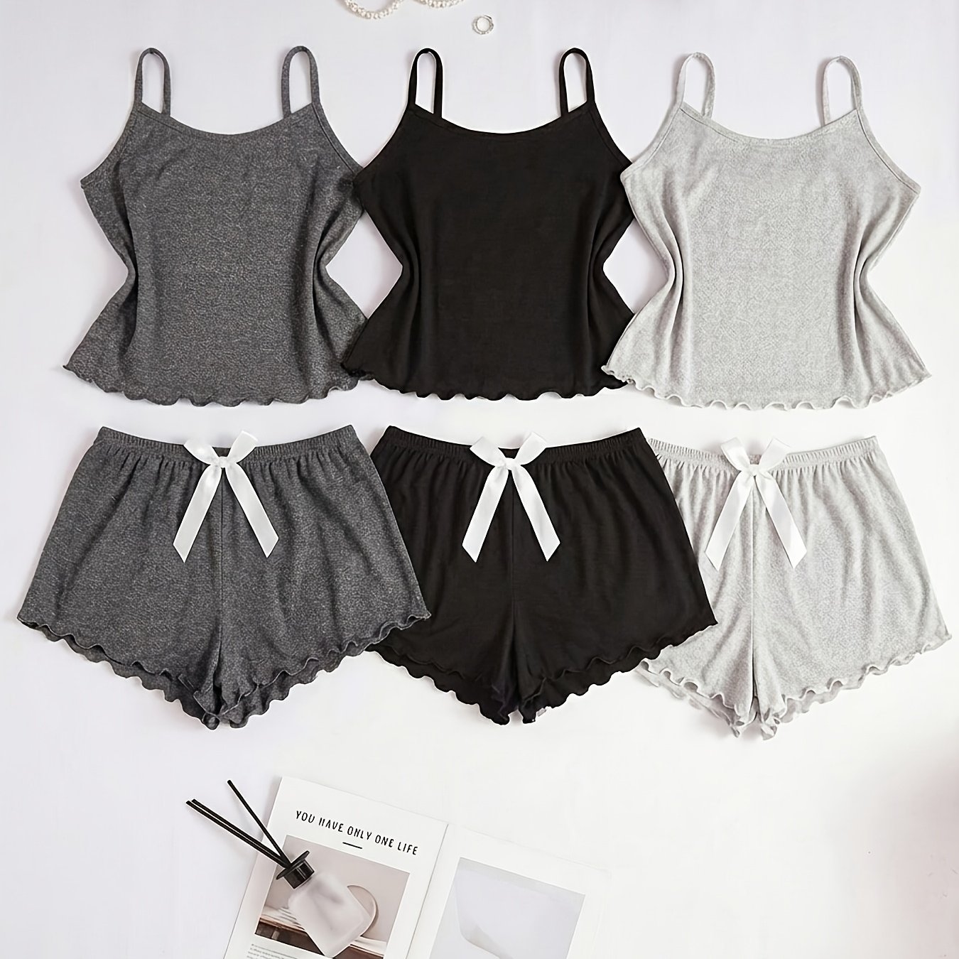 3pcs Solid Color Camisole Pajama Set For Women