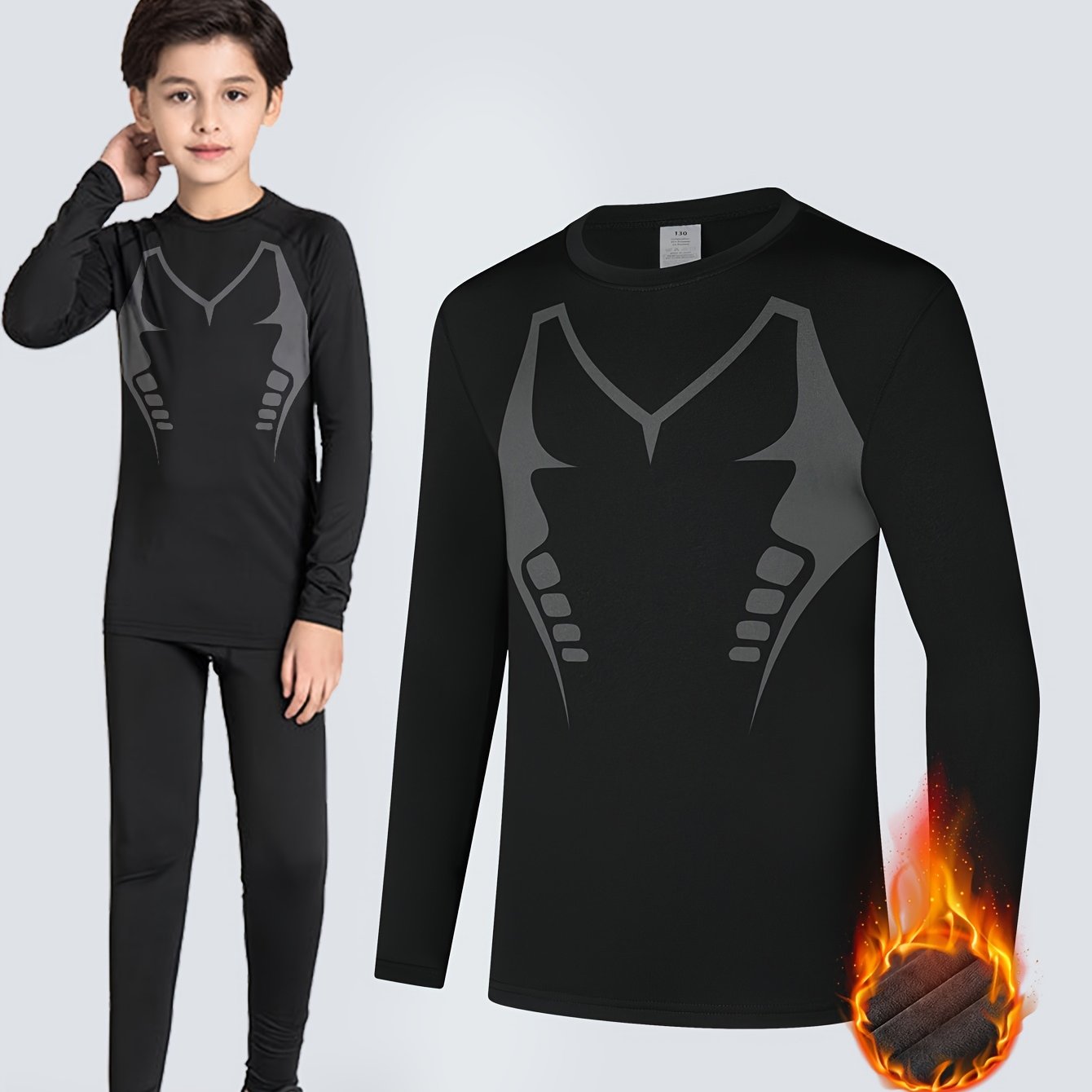 Image of Boys' Warm Slim , High Elasticity Fleece-lined Thick , Quick-dry Long Sleeve Warm Shirt, Lightweight Comfortable Base Layer For Kids' Fall Winter