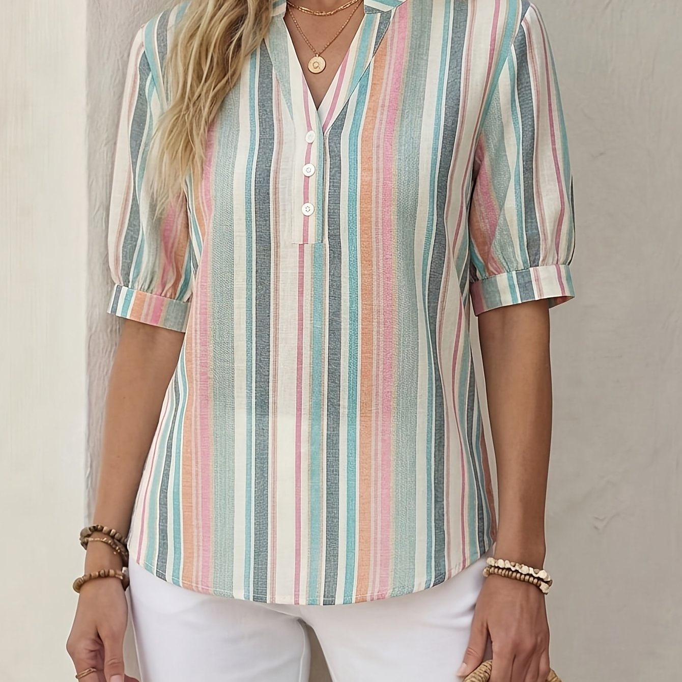TEMU Women's Casual V-neck Striped Shirt, Summer Apparel In A Casual And Minimalist Style, Suitable For Summer Leisure