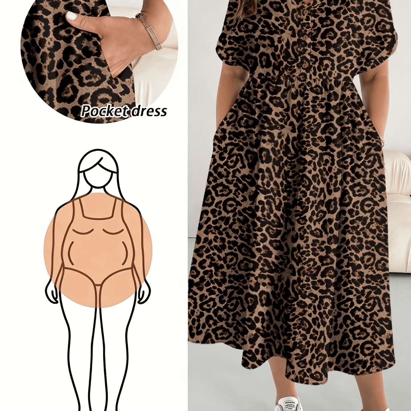 Plus Size - Women's Plus Size Leopard Print Short Sleeve Casual Coffee Vacation Dress
