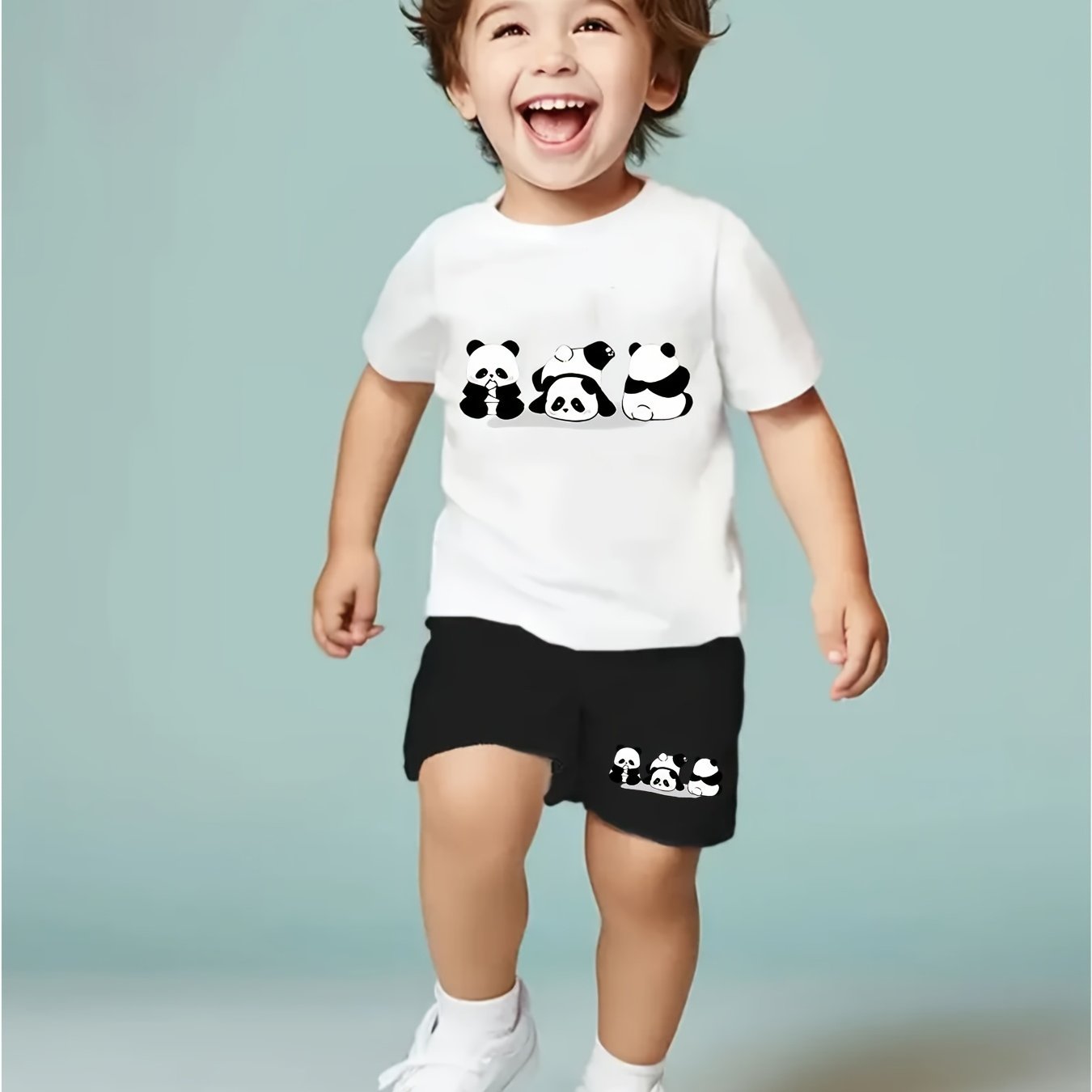 Image of And Toddler Boys And Girls Round Neck Cartoon Print Short Sleeve Top And Shorts Casual 2pcs Set, Perfect For Outdoor