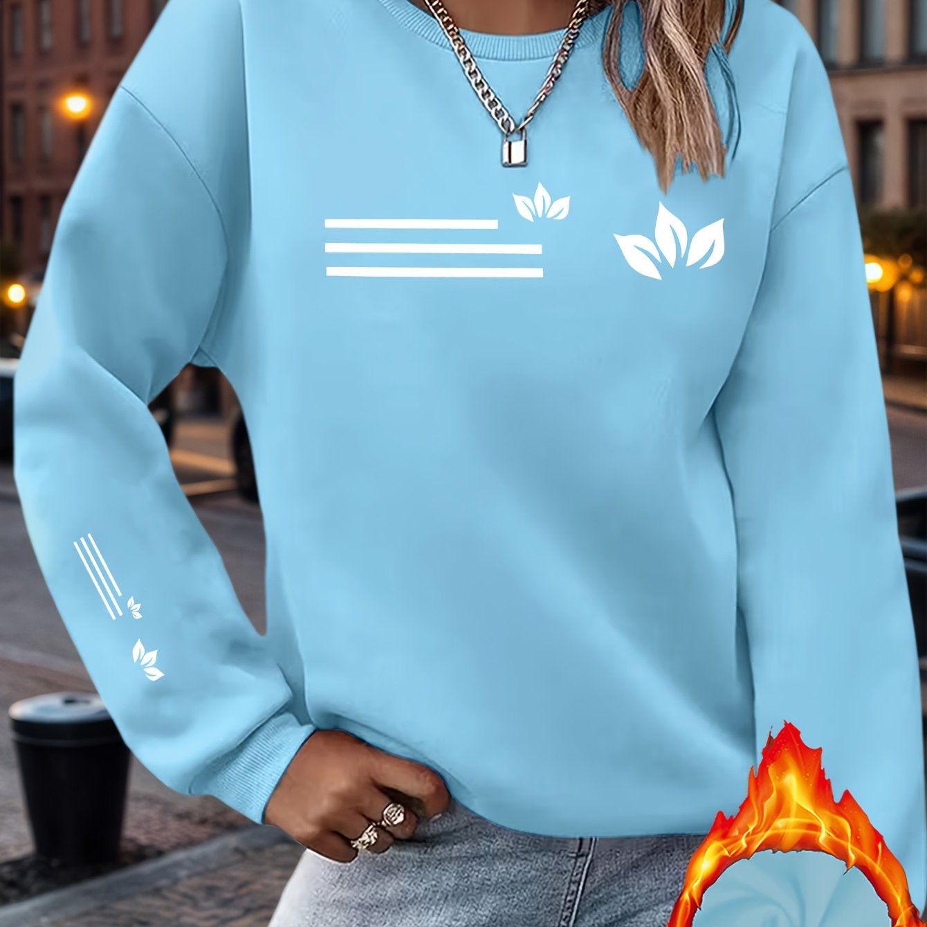 TEMU 1pc Petal Pattern Striped Print, New Y2k Women's Sportswear, Autumn And Winter Casual Round Neck Sweatshirt With Single Sleeve Print, Plush