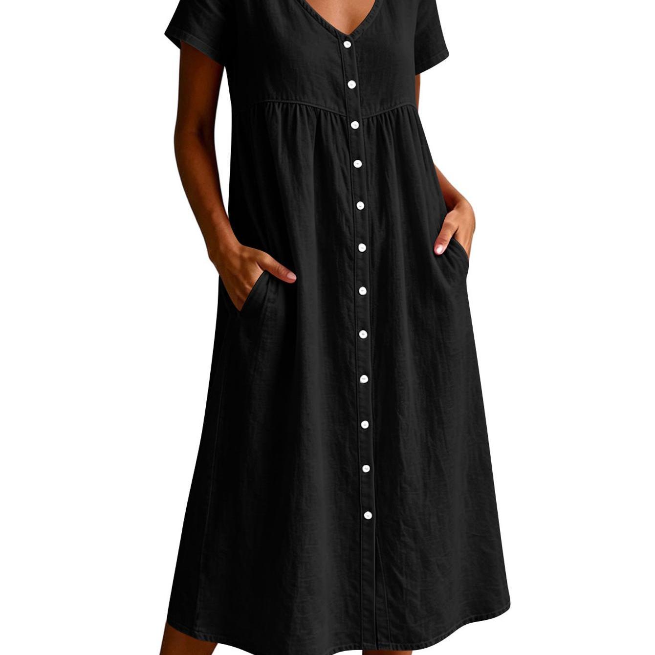 Women's Casual V Neck Short Sleeve Midi Dress Button Dress With Pockets