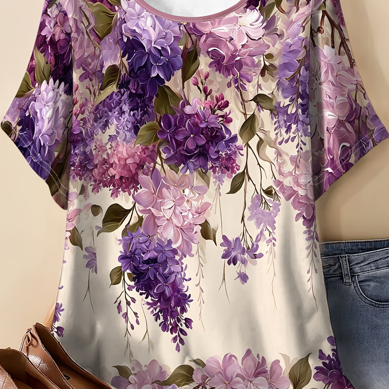 TEMU Women's Plus Size Round Neck Short Sleeve T-shirt With Wisteria Flower Draped Floral Print, Soft And Comfortable, Casual Top For Daily