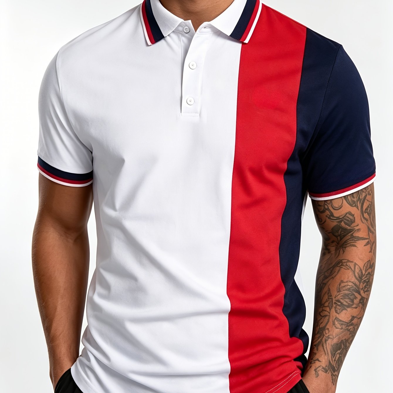 TEMU Men' Red Navy Contrast Short Sleeve Print Shirt - Retro Design - Breathable Fabric Lapel Short Sleeve Top - Summer Lightweight Top