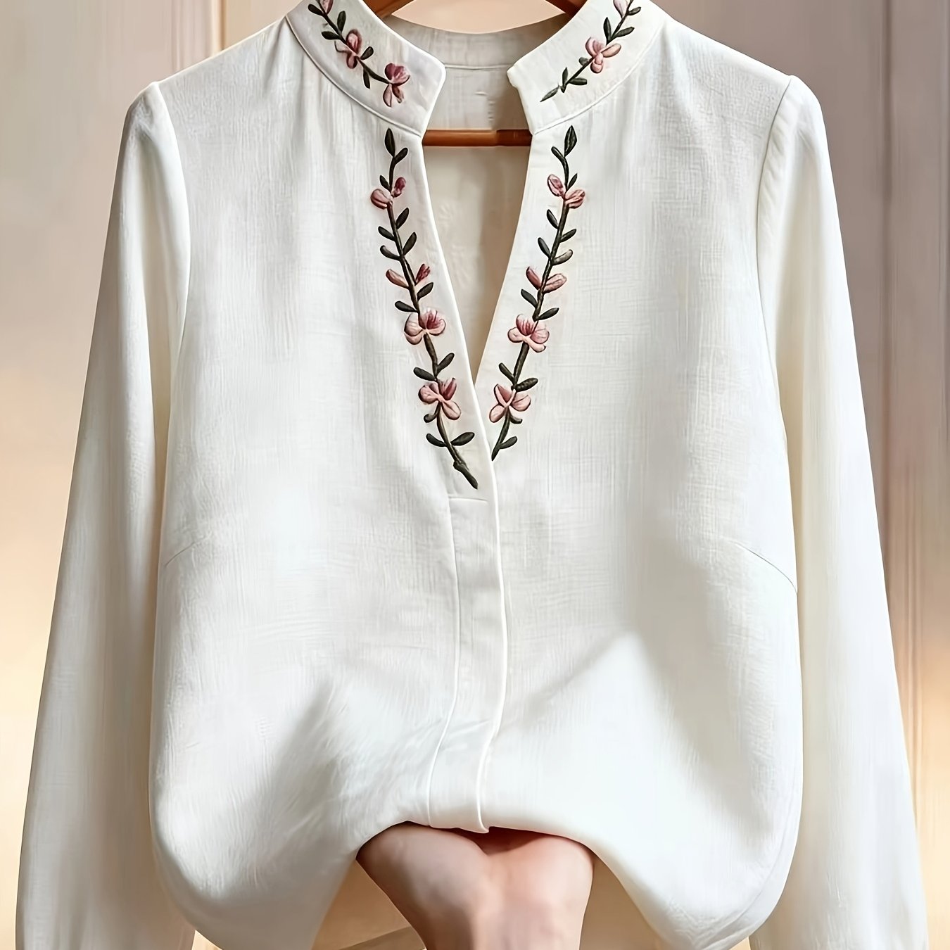 TEMU Women's -neck Floral Blouse Shirt - Stand Collar Long Sleeve Blouse Top With -neck Collar & Embroidery, Machine Washable Suitable For Office,