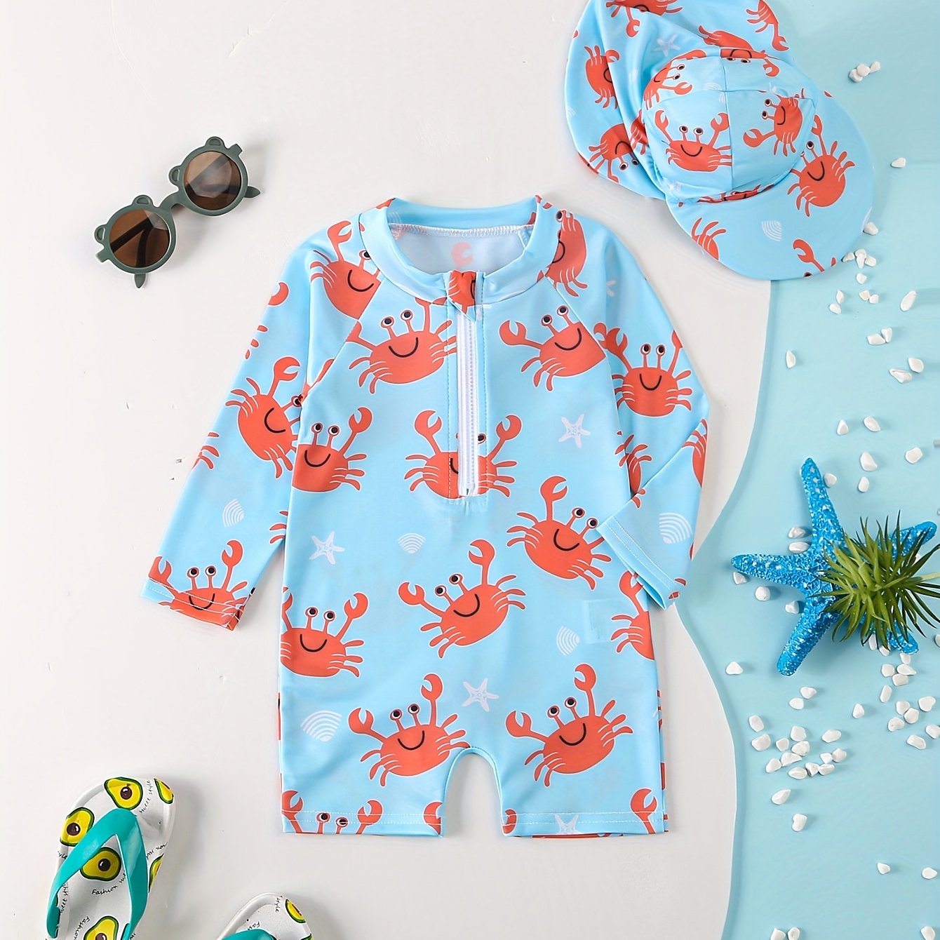 Kids' Cute Print Long Sleeve Swimsuit + Sun Hat Beach Swim Quick-,boys And Gilrs Clothes