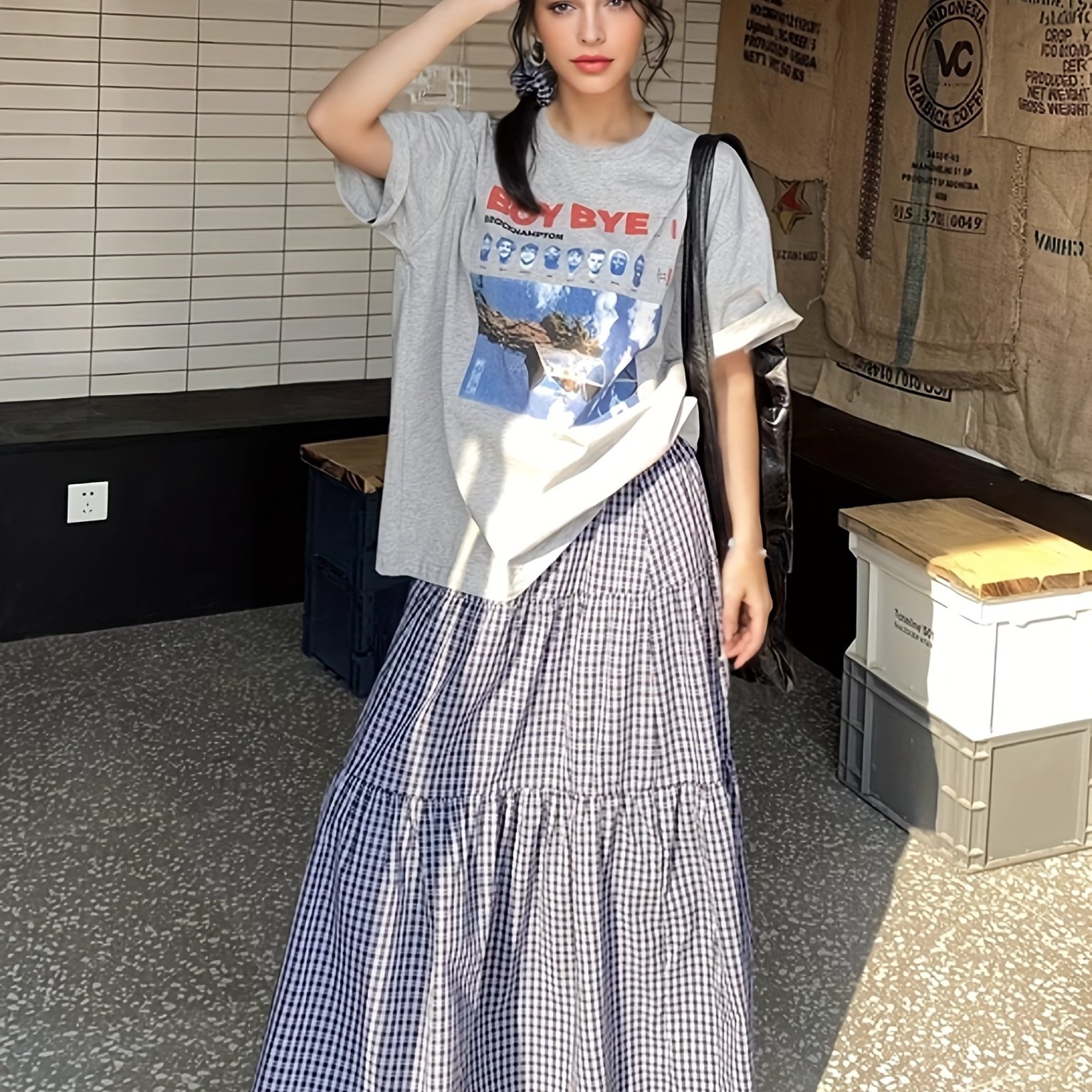 TEMU 활용도 높은 캐주얼 하이웨이스트 체크무늬 미디 원피스 치마, 엉덩이를 가리는 루즈핏과 와이드 플레어 밑단, 여름철 착용에 적합