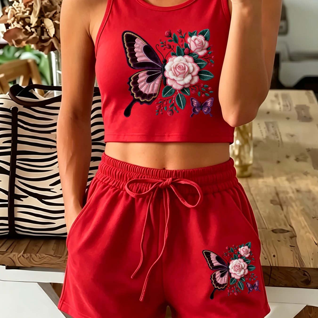 TEMU Casual Outfit With Slanted Pockets, A Printed Two-piece Set Featuring A Sleeveless Top And Loose Shorts, Designed For Women