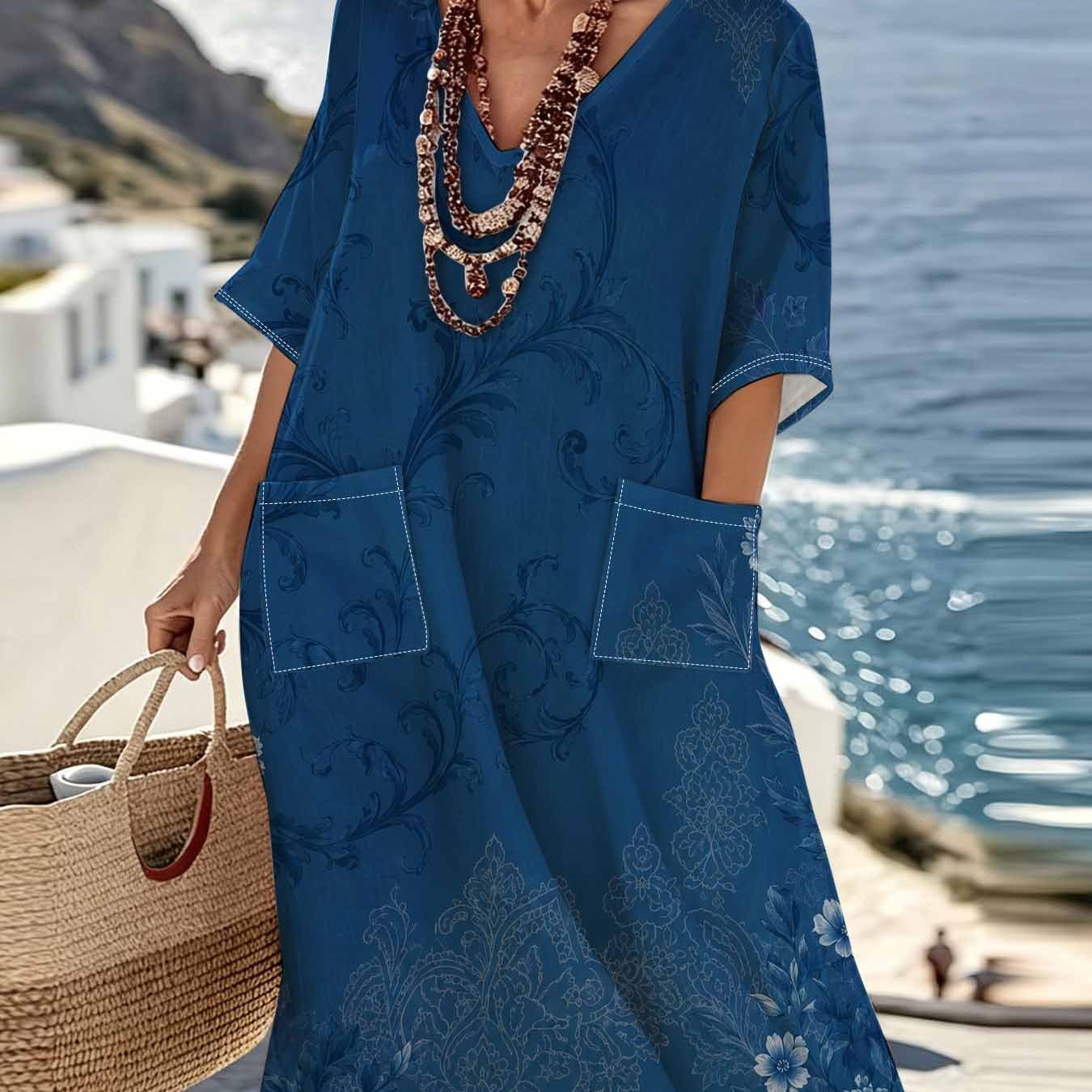 Image of Plus Size Women's Blue Floral Print Long Dress V-neck Short Sleeve Vintage Bohemian Double Patch Pockets Loose Fit Casual Beach Holiday Resort Elegant Long Dress