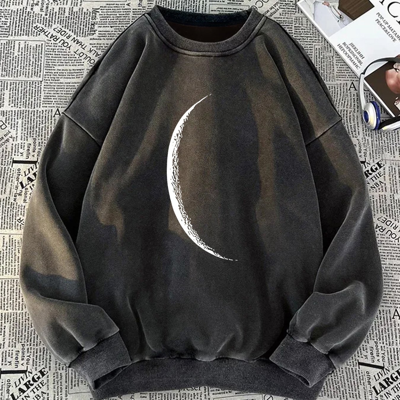 Pattern Printed Casual Retro Women's Washed Round Neck Pullover For Autumn And Winter