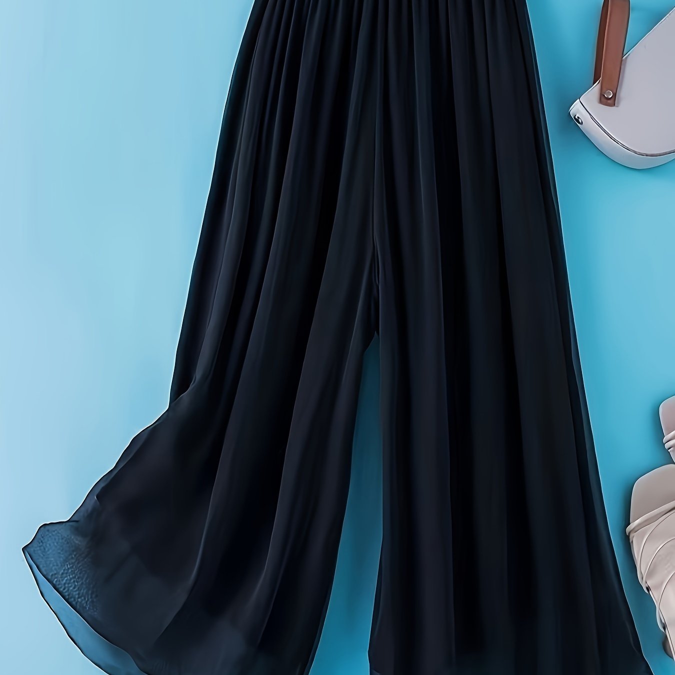 TEMU Elegant High-waist Chiffon Wide-leg Pants With Waistband - Breathable, Non-sheer For Spring/summer/fall