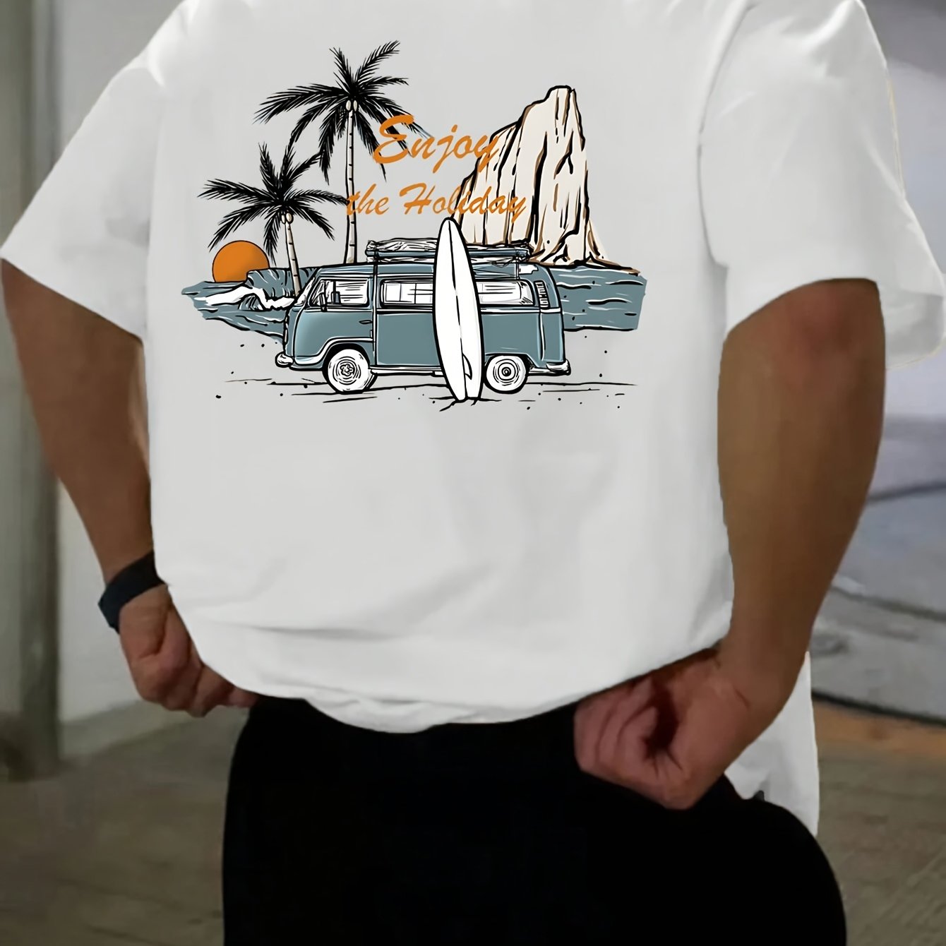 TEMU メンズ カジュアル 半袖Tシャツ パームツリー＆サーフグラフィックプリント - 夏のビーチバケーション用 通気性 レギュラーフィット アウトドア活動向け、夏服、コースタルスタイル シャツ、耐久性カジュアルウェア