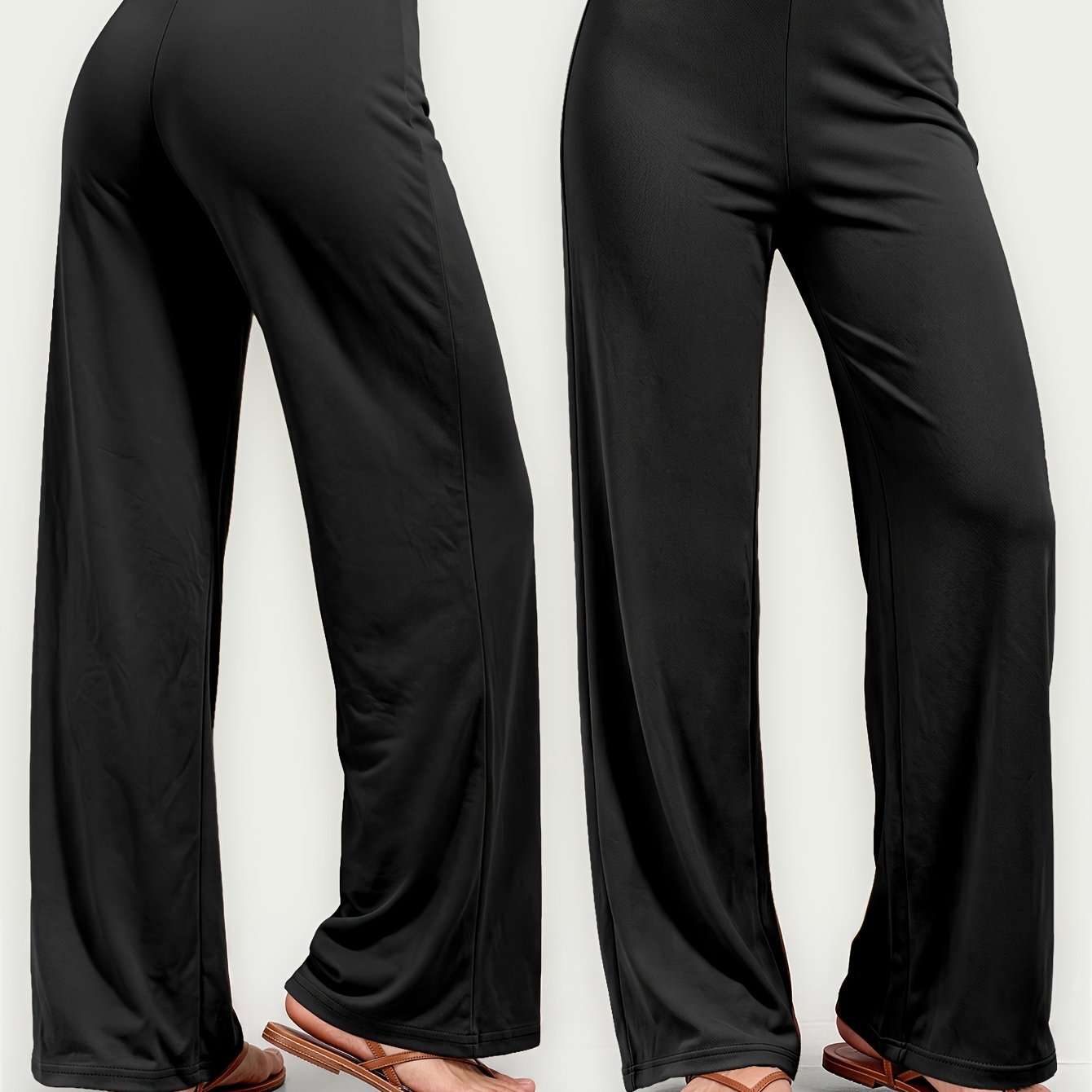 TEMU Women's Black Wide-leg Pants - Wide-leg Trousers Suitable For , Summer Casual Outfits, Office & Everyday Use, Machine Washable Elastic