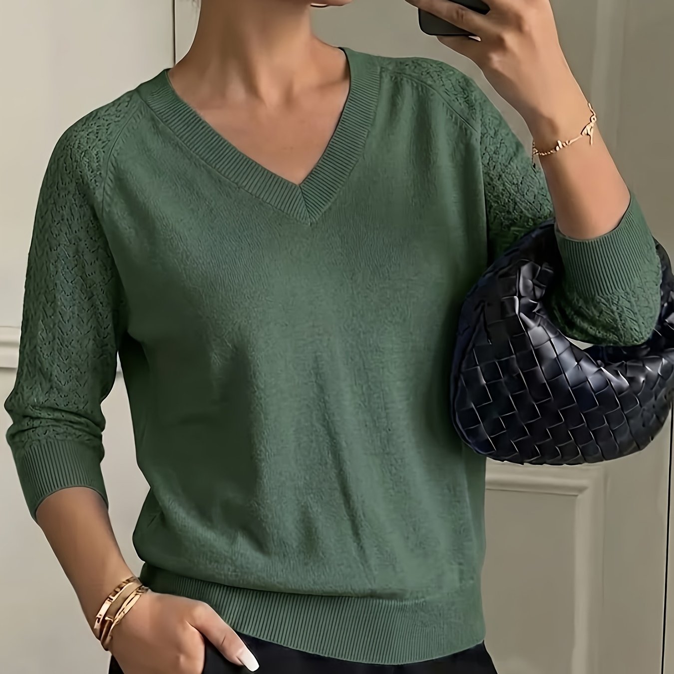 TEMU Women's Casual Elegant Hollow-out V-neck Pullover Long-sleeve Sweater