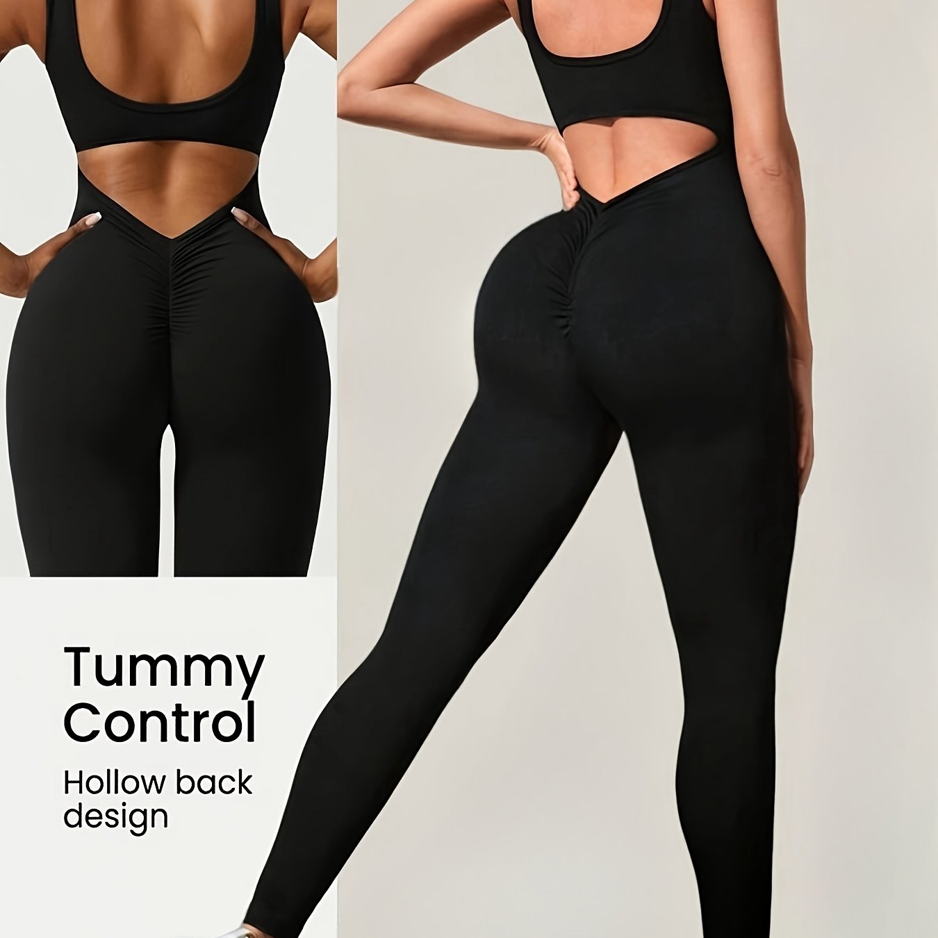 Image of Women's High-waisted Backless Jumpsuit - -neck Sleeveless Bodycon Romper With Tummy Control & Hollow , Sleek Formfitting | Highelasticity Fabric