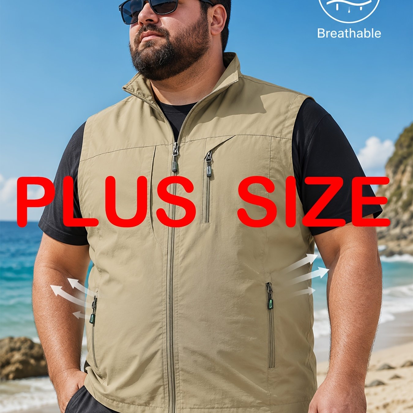 TEMU Men's Plus Size 0xl-9xl Multi-pocket Breathable Vest, Loose Fit Solid Color Simple Versatile Casual Vest, Outdoor Sports Jacket, Comfortable And