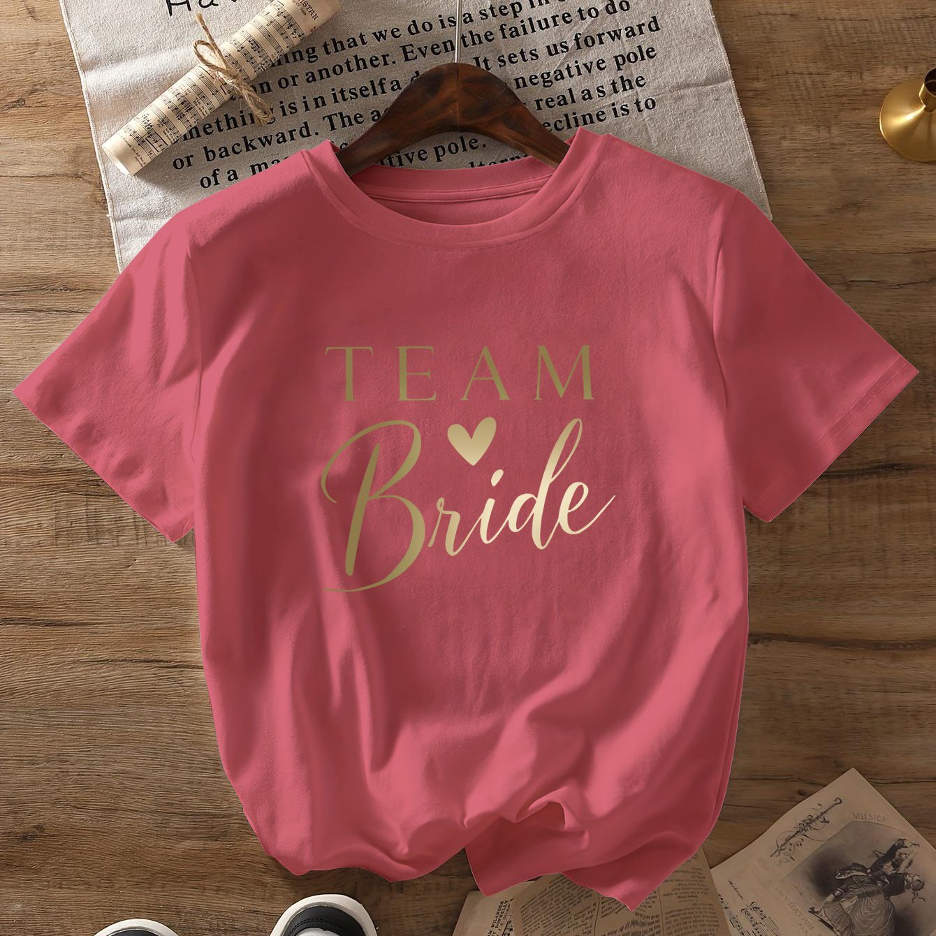 TEMU T-shirt da sposa per , stampa con scritta "", , maniche corte, tessuto 95% poliestere, 5% spandex, lunghezza regolare, maglia da donna