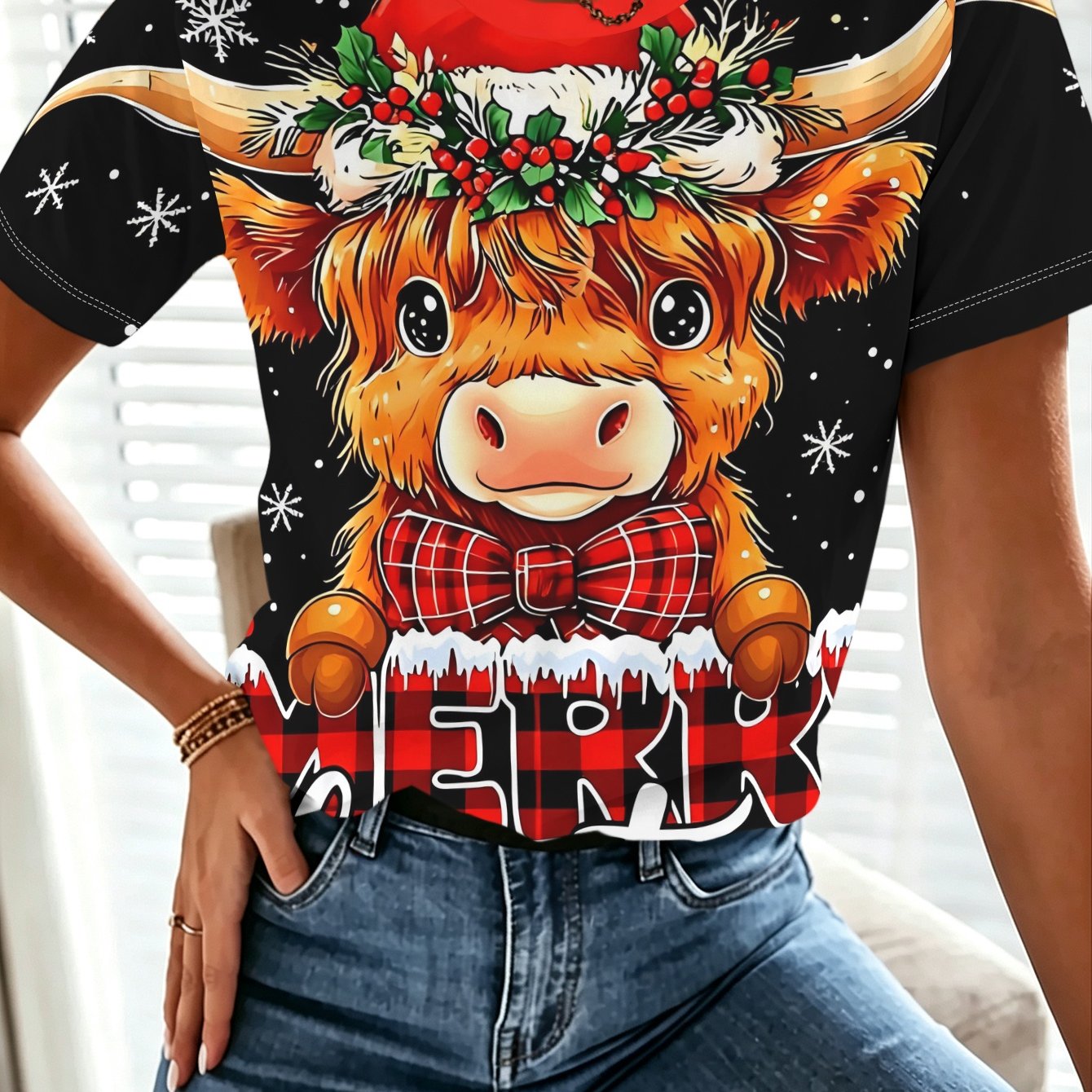 TEMU Printed Design – Not Textured Christmas Highland Cow Cute And Fun, With Snowflakes To Enhance The Festive Atmosphere, New Women's Short-sleeve