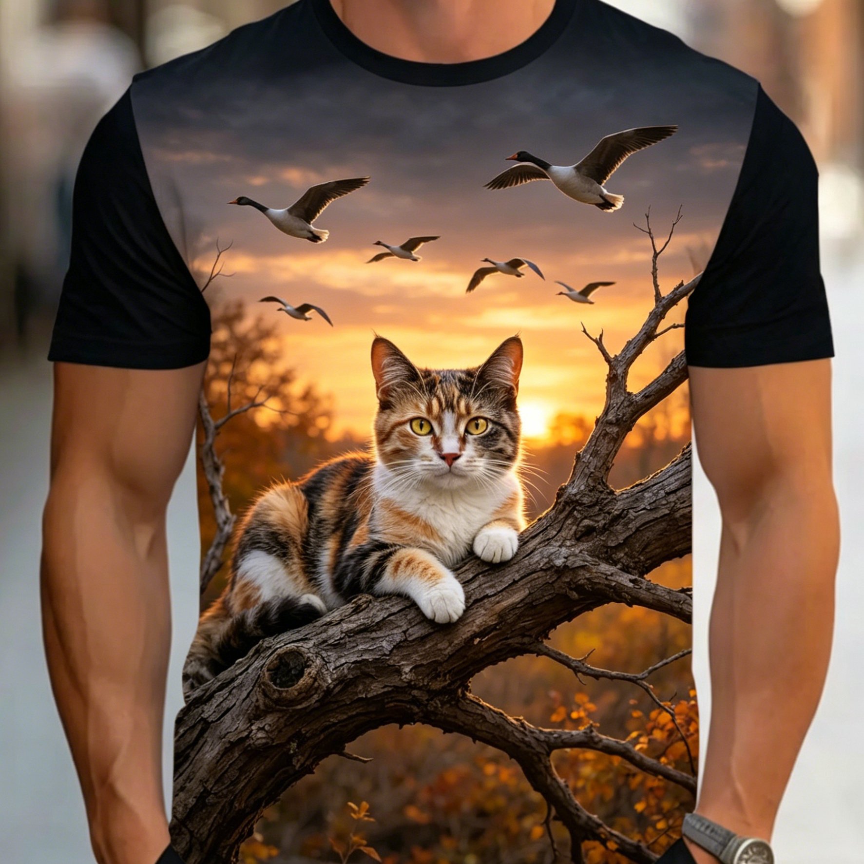 TEMU [printed Design â Not Textured] Sunset Calico Size Men's Short Sleeve T-shirt, Plus Size Loose Fit Round Neck Casual Summer