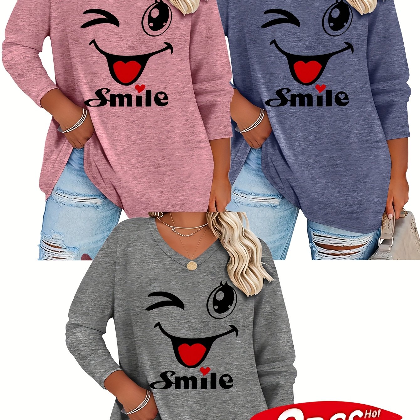 TEMU Plus Size, Versatile T-shirt 3pcs Set: New Autumn/winter Plus-size Women's Fashion Letter Long-sleeve V-neck T-shirt 3pcs Set. Women's T-shirt,