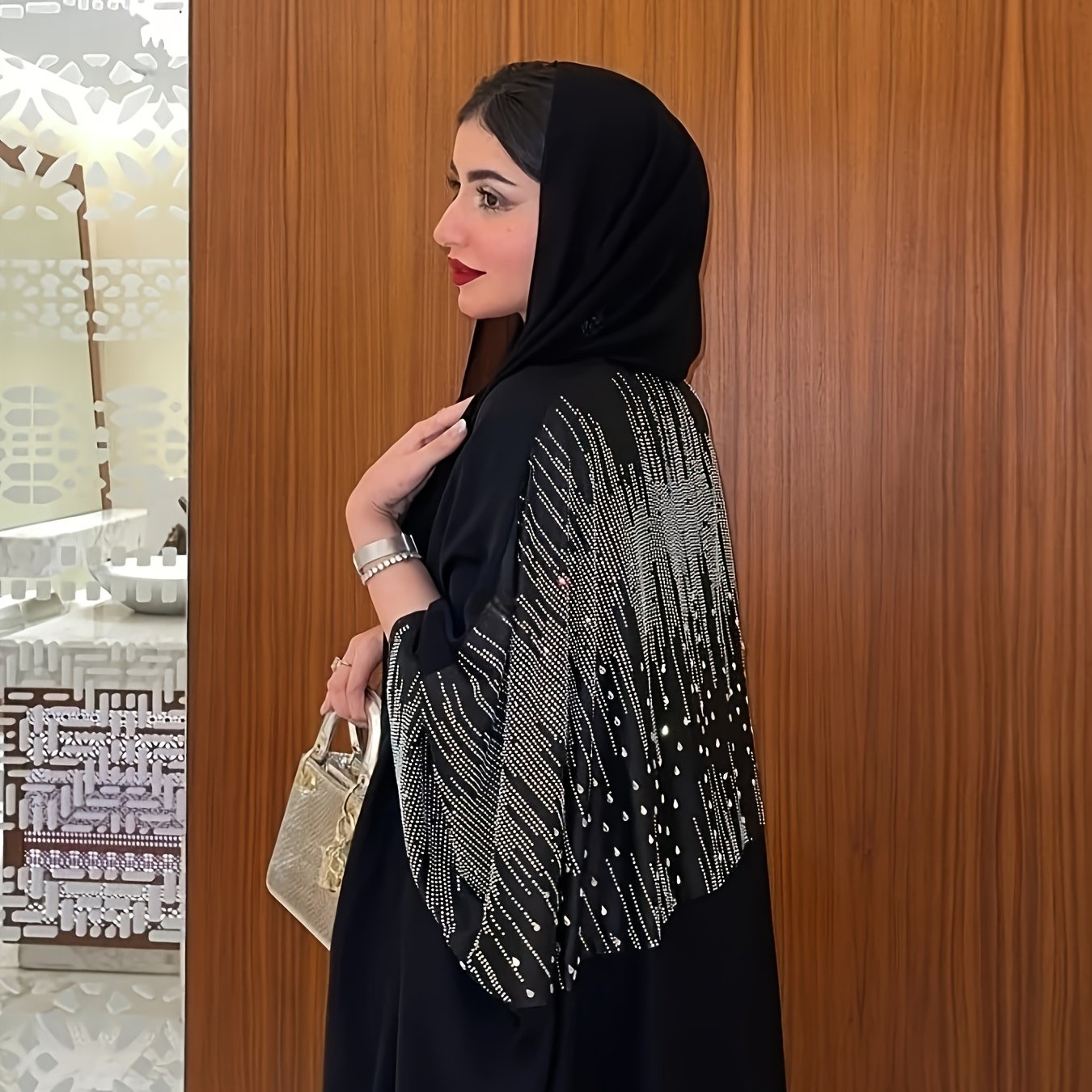 TEMU Middle Eastern Luxurious Rhinestone Open Cardigan Robe 8403 With Headscarf