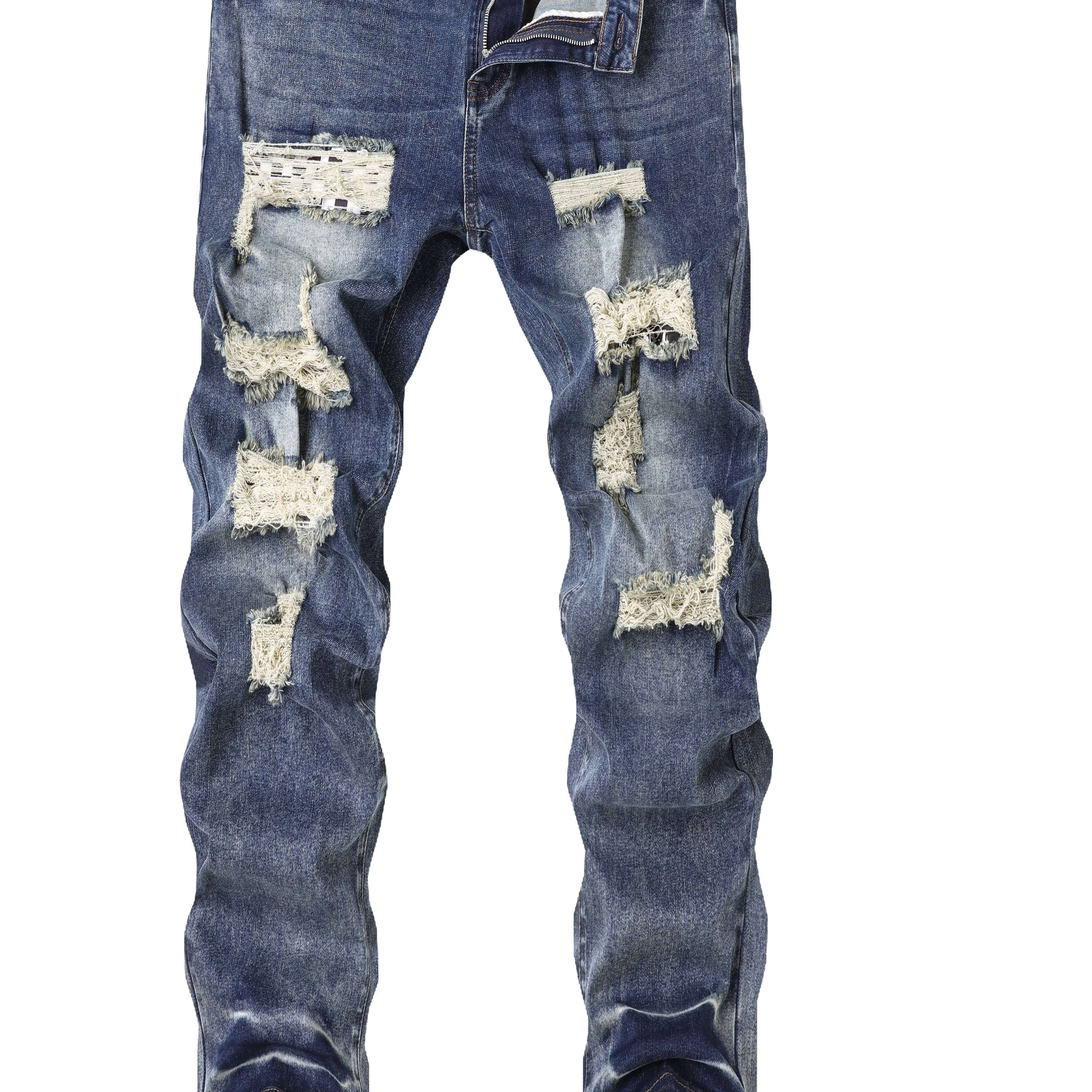 Image of Men's Distressed Ripped Hole Jeans, Vibe Style, Slim Fit Straight Leg Versatile Trousers For Trendy Men, Plus Size