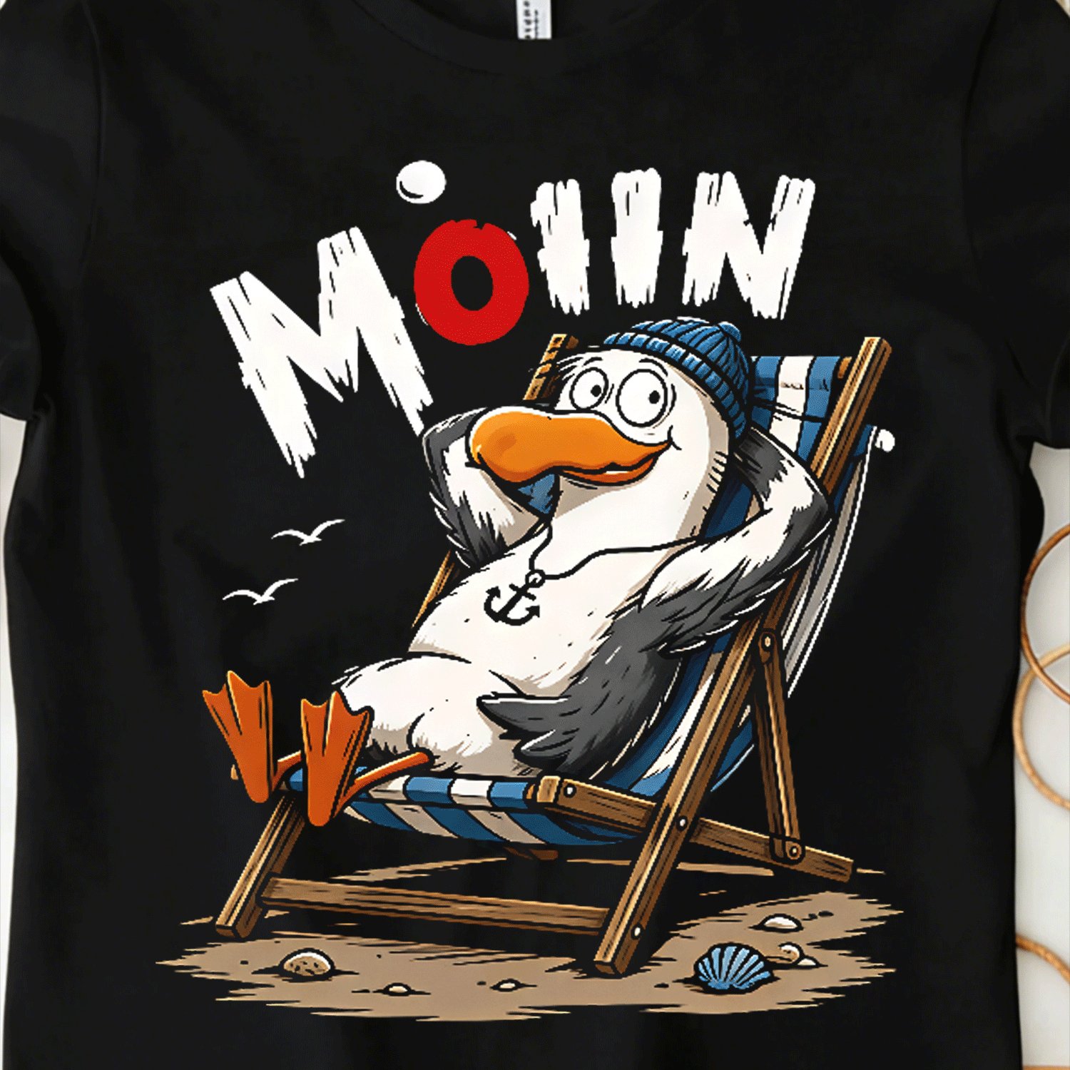 Image of Moin Cartoon Seagull With Anchor Funny Maritime Coastal Motif(5) For Men Women Unisex Funny T-shirt