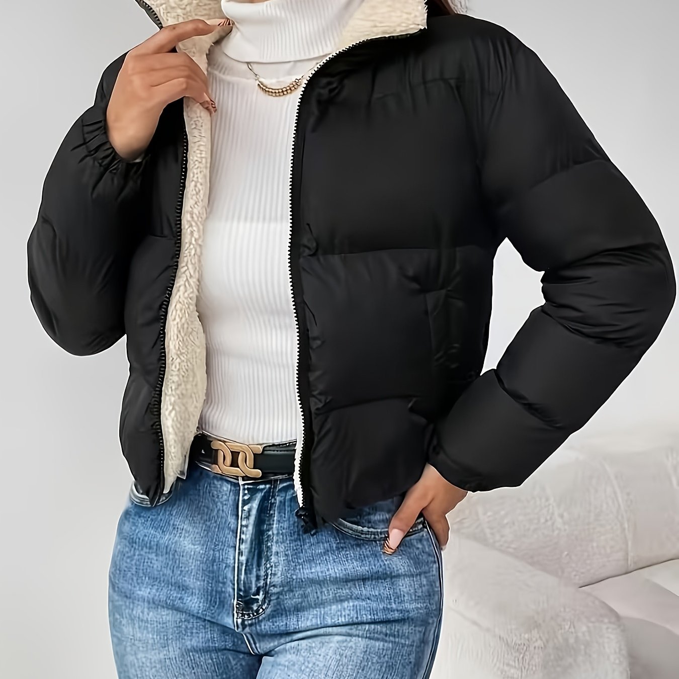 TEMU Women's Autumn/winter New Solid Color Long Sleeve -lined Pocket Cropped Jacket, Simple And Stylish Commuter Warm Top