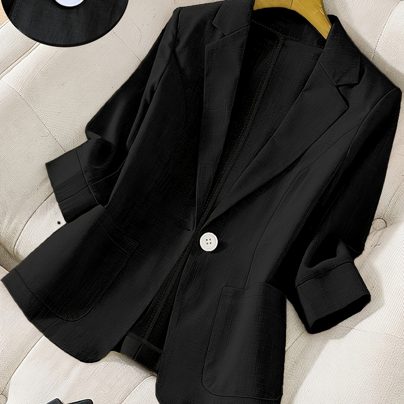 TEMU 2026 New Premium Solid Color Single-button Suit Jacket, Elegant 3/4 Sleeve, Comfortable And Breathable Casual Outerwear, Elegant Style Suitable