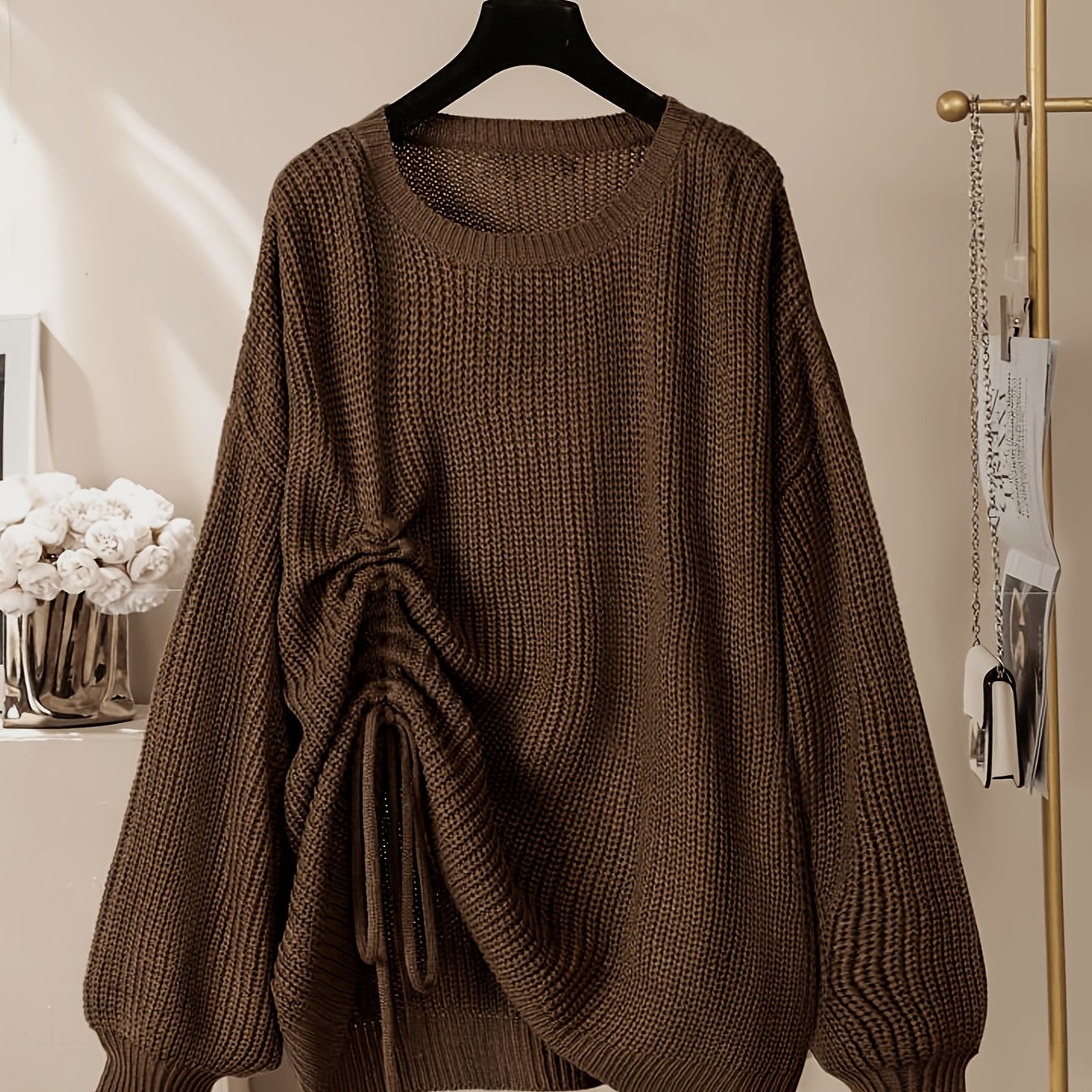 TEMU Plus Size, New Autumn/winter Plus Size Women's Casual Round Neck Irregular Drawstring Sweater Fashion Long Sleeve Top