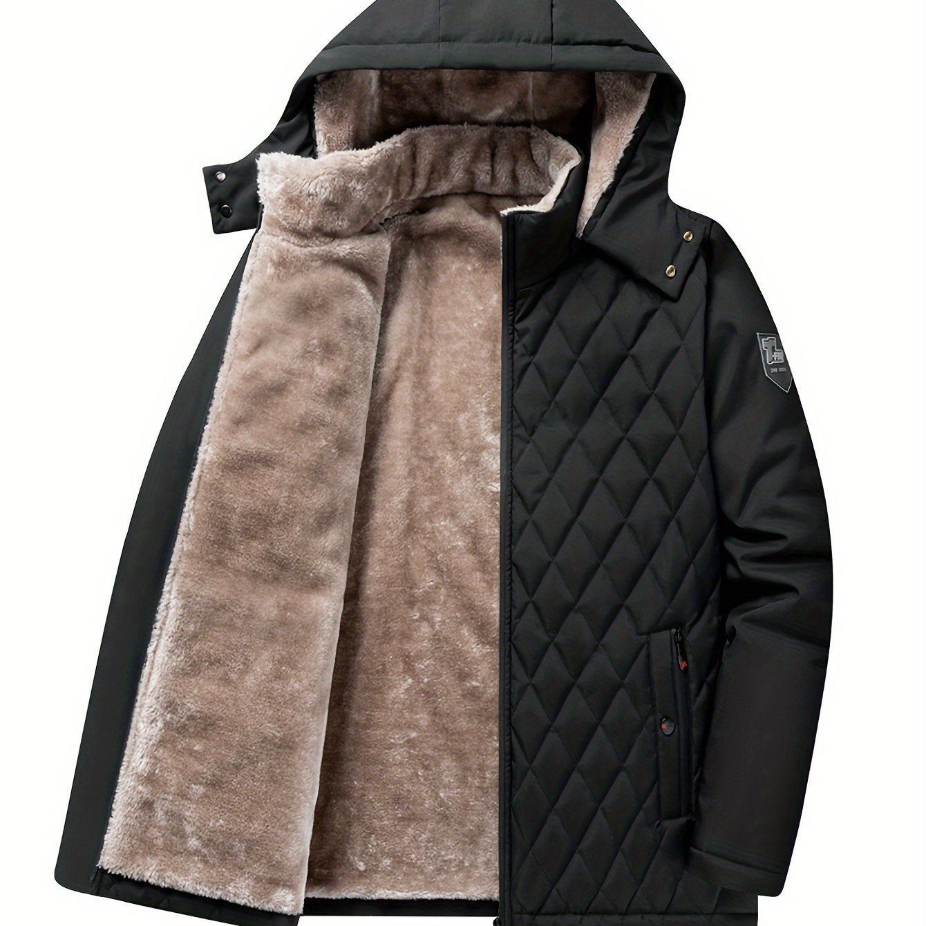 mens casual warm fleece hooded quilted jacket chic windproof coat for fall winter