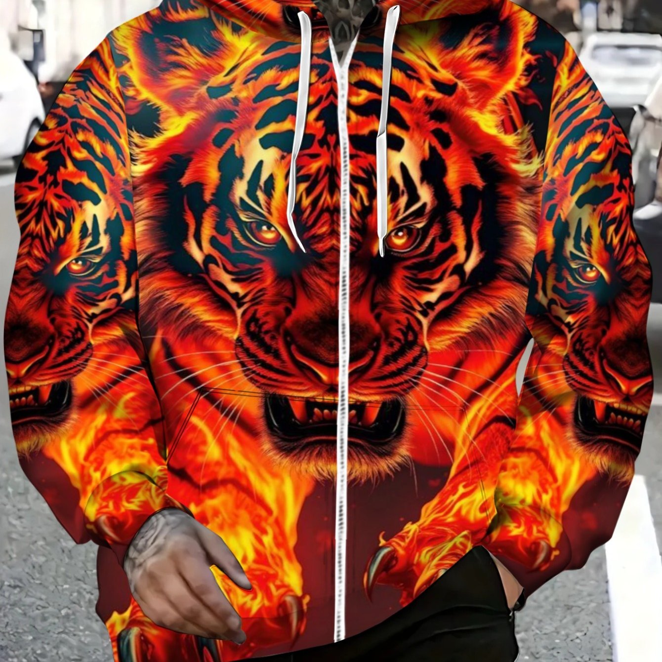 TEMU Men's Flame Tiger Print Hoodie Lightweight Casual Wear For Outdoor Activities And Street Style Fashion Statement In Orange And Red Tones