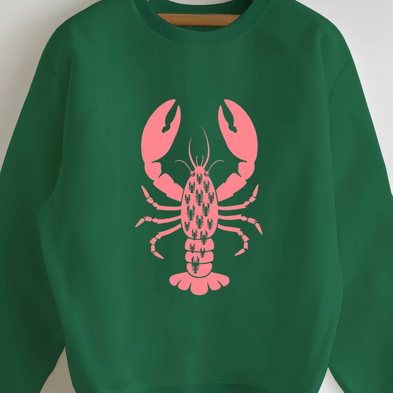 TEMU Women's Casual Crew Neck Sweatshirt With Large Pink Lobster Graphic Print - Relaxed Fit, Machine Washable, Fall & Spring Essential, Stylish