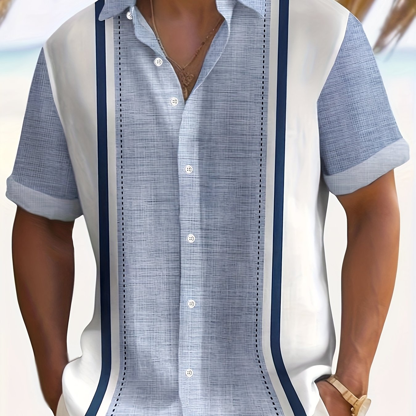 Retro Striped Bowling Textured Print Men's Plus Size Button- Short-sleeved Shirt