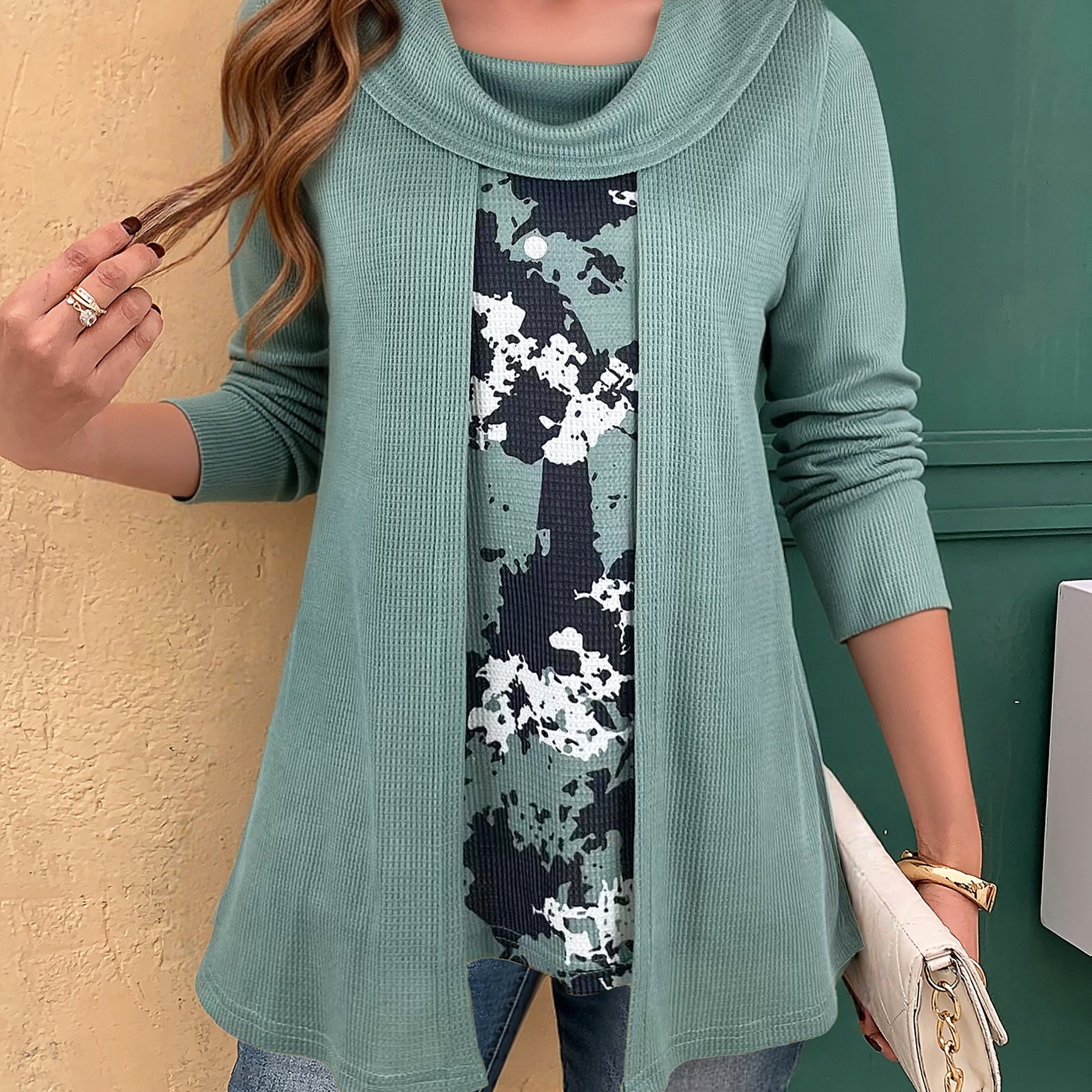 TEMU Haut deux pièces pour femme tendance et élégant, imprimé numérique, pull à col noué et manches longues, faux deux pièces pour femme, haut long